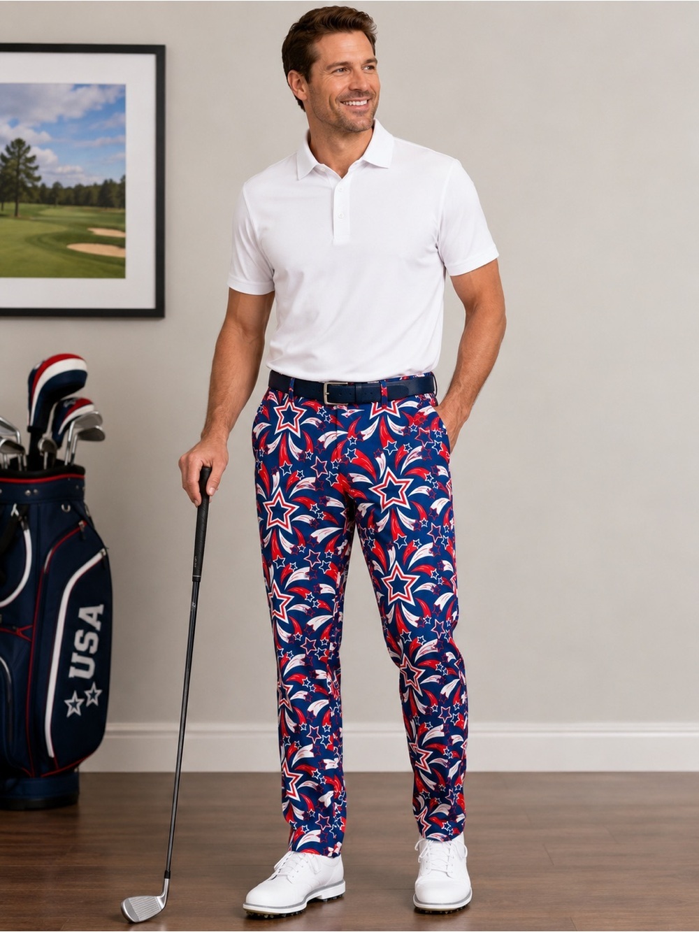 Royal & Awesome Shooting Stars Golf Pants Patriotic Red White Blue Men’s 42x34